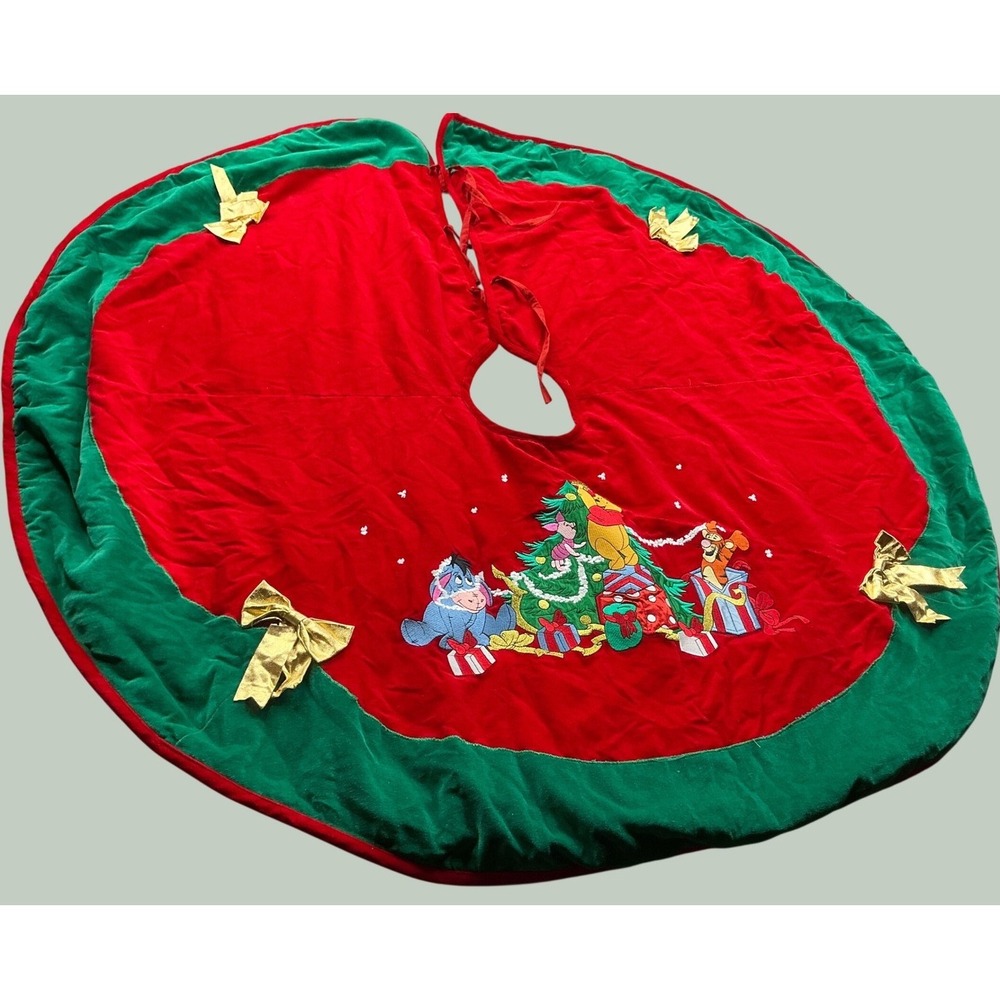 Disney Vintage Winnie the Pooh Embroidered Christmas Tree Skirt Red Green Velvet
